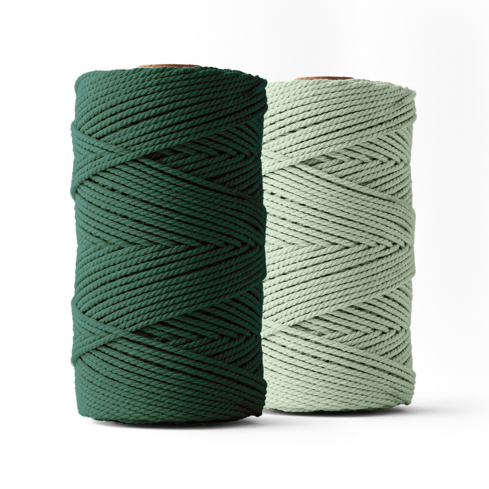 Macrame rope 3mm – eucalyptus &amp; dark green – 2x120m – double-twisted recycled cotton