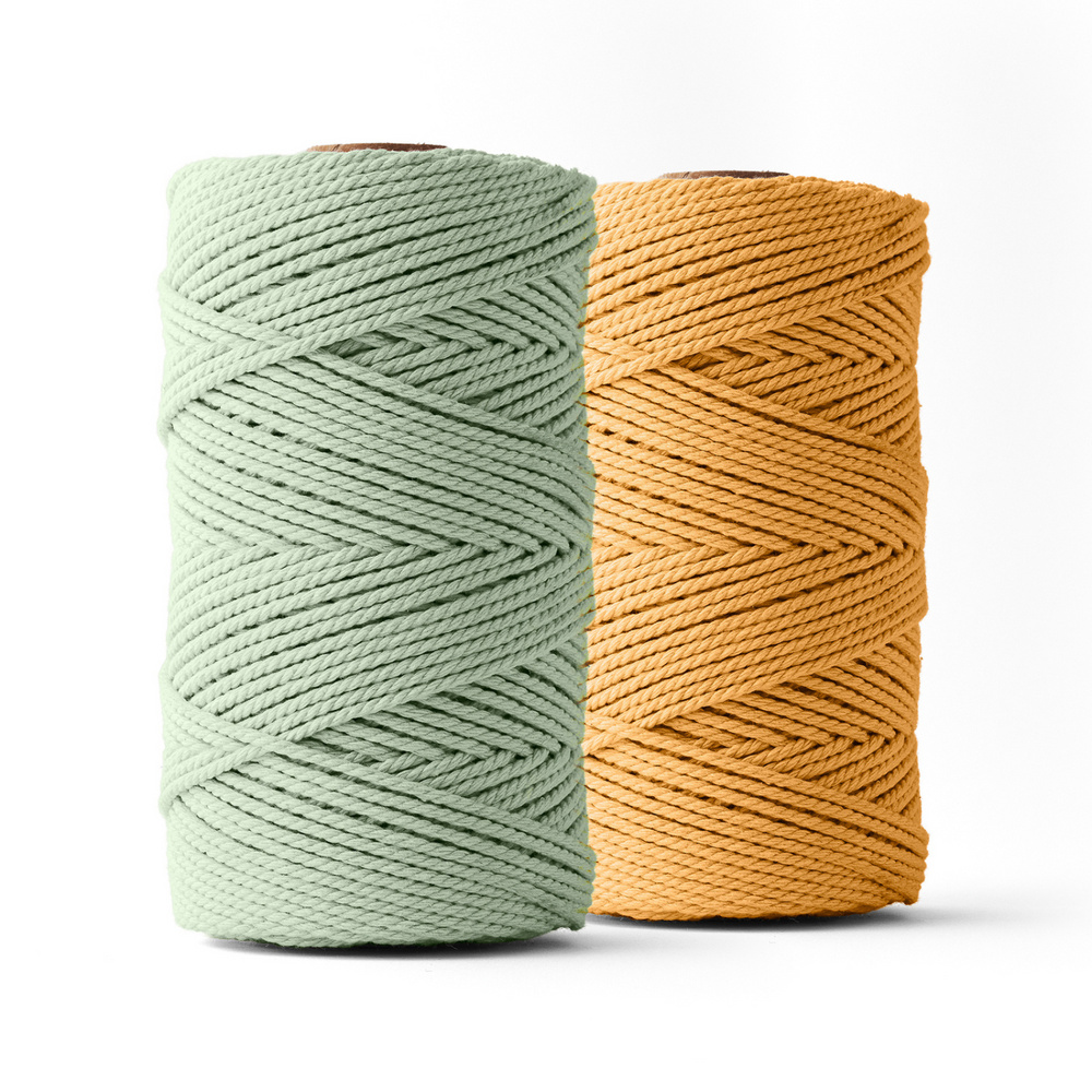 Macrame rope 3mm – eucalyptus &amp; mustard – 2x120m – double-twisted recycled cotton