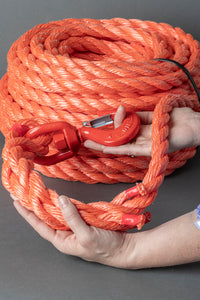 Polypropylene rope 20mm – orange – 25m – with end splice &amp; swivel safety hook